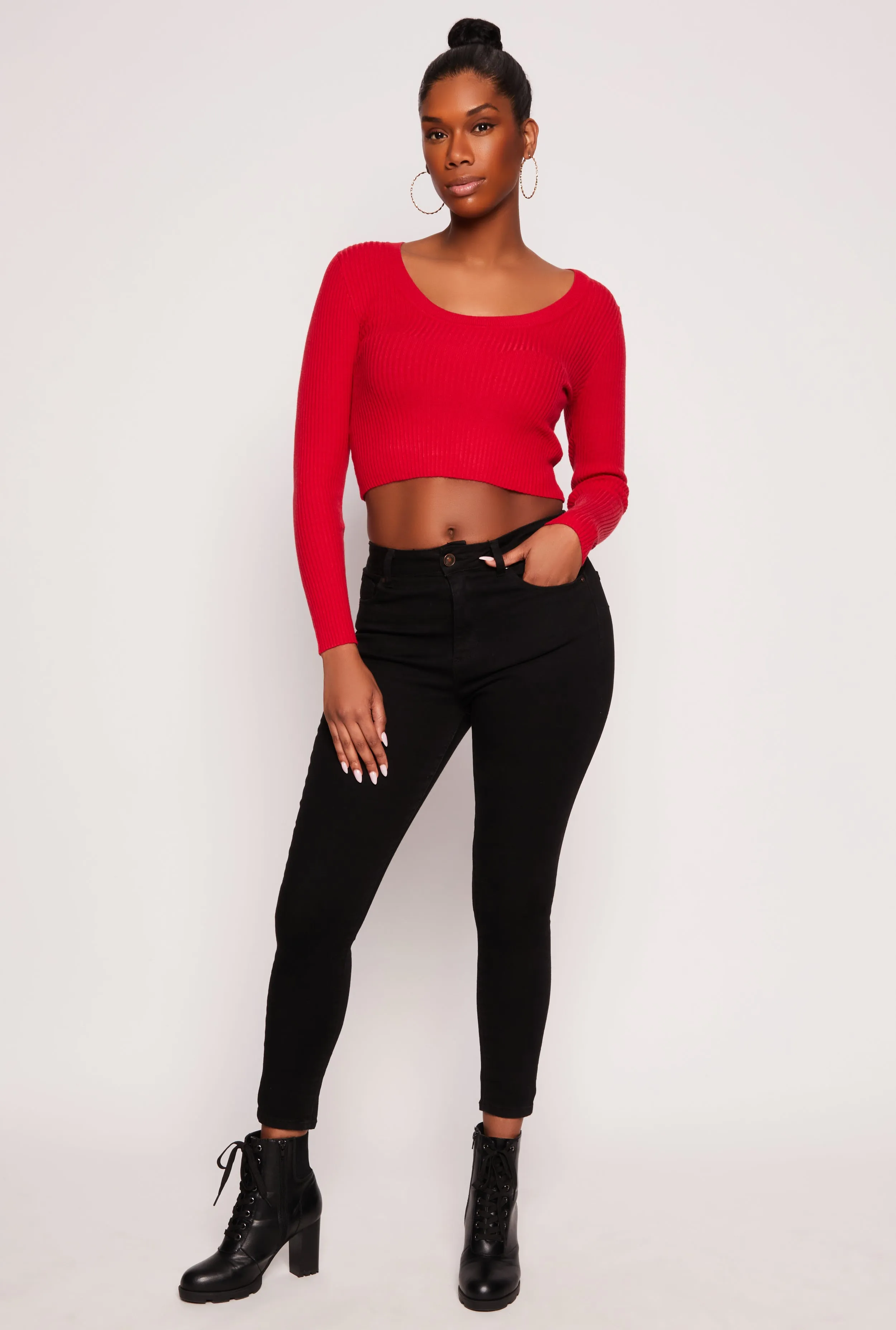 Rib Knit Scoop Neck Long Sleeve Crop Top sold by Rainbow product image thumbnail 2