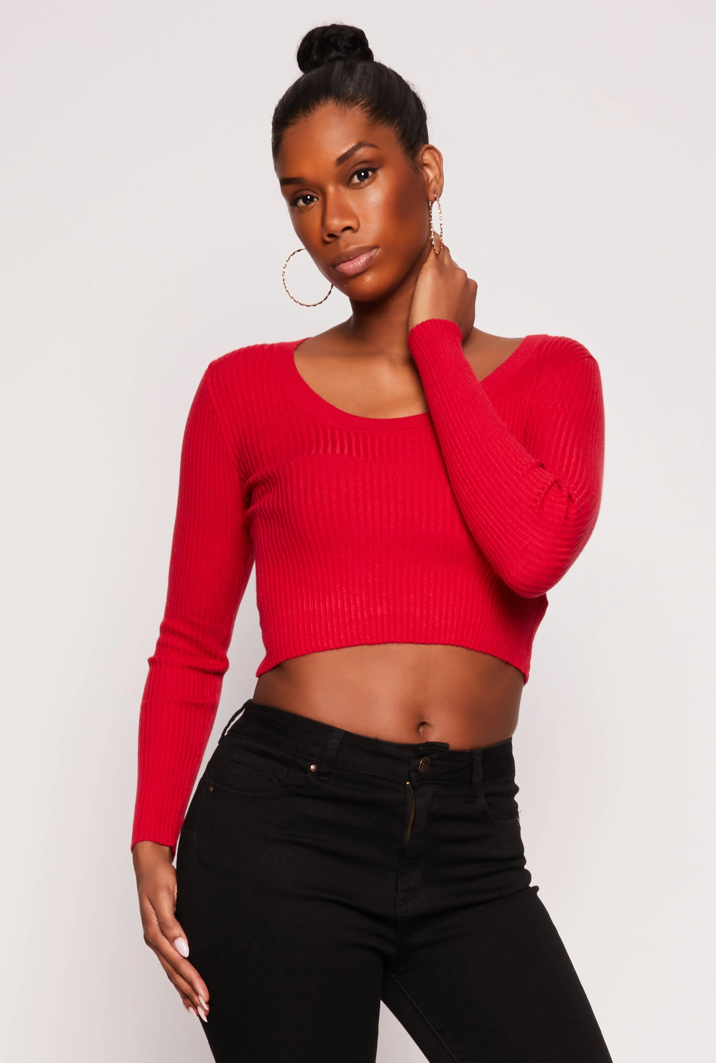 Rib Knit Scoop Neck Long Sleeve Crop Top sold by Rainbow
