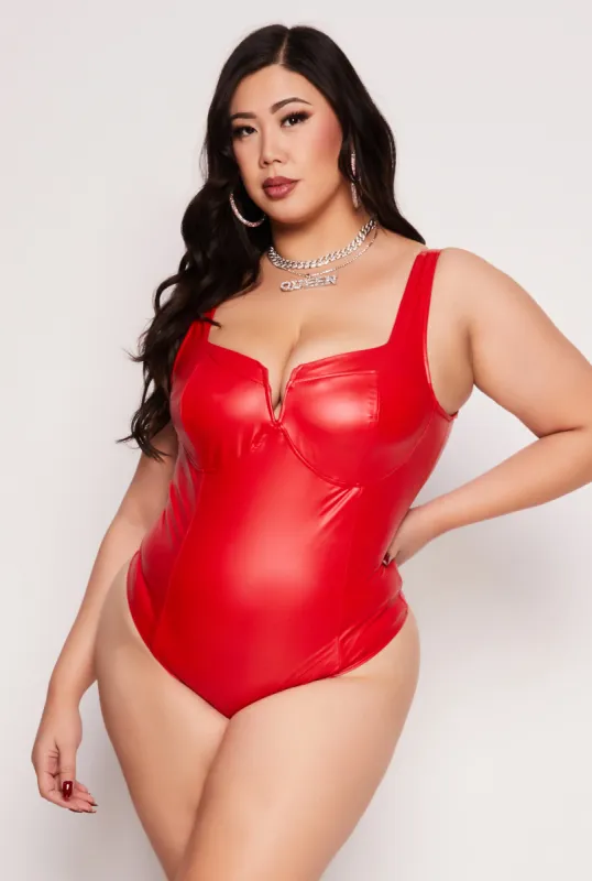 Plus Size Iris Faux Leather Notch Neck Bustier Bodysuit sold by Rainbow