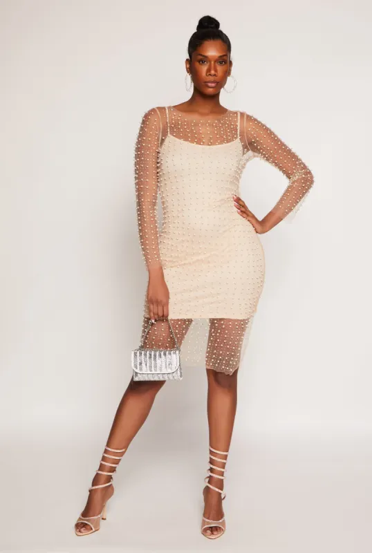 Haute Monde Faux Pearl Rhinestone Mesh Dress sold by Rainbow