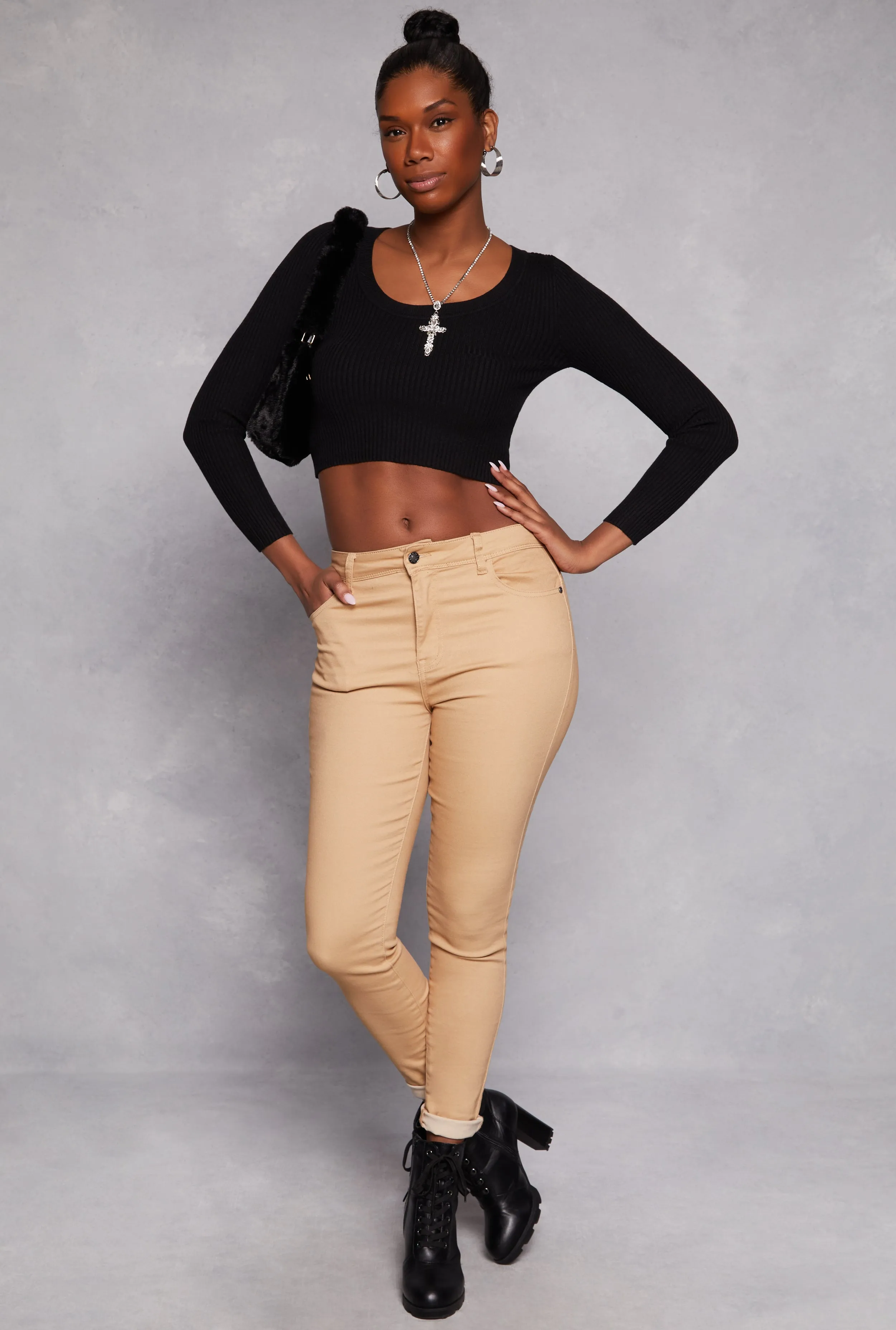 Rib Knit Scoop Neck Long Sleeve Crop Top sold by Rainbow product image thumbnail 2