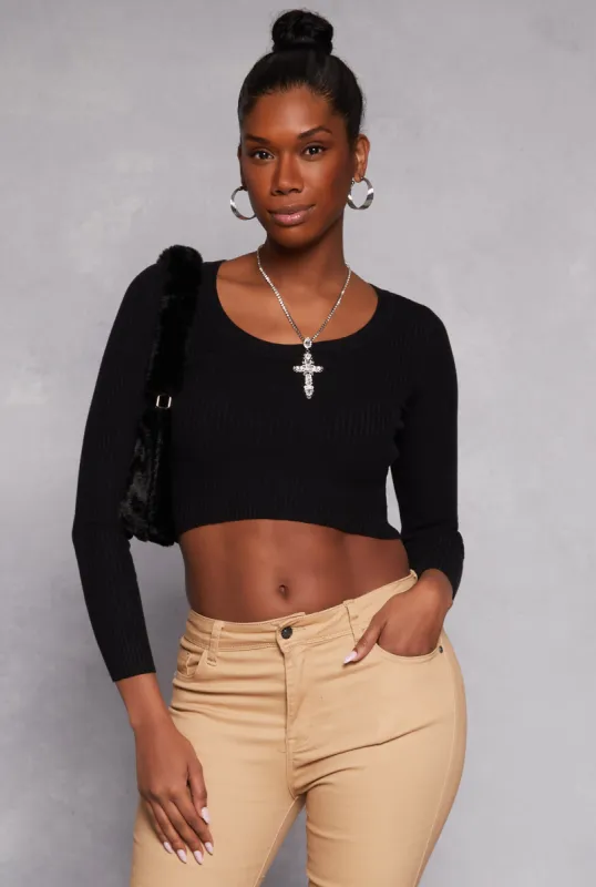 Rib Knit Scoop Neck Long Sleeve Crop Top sold by Rainbow