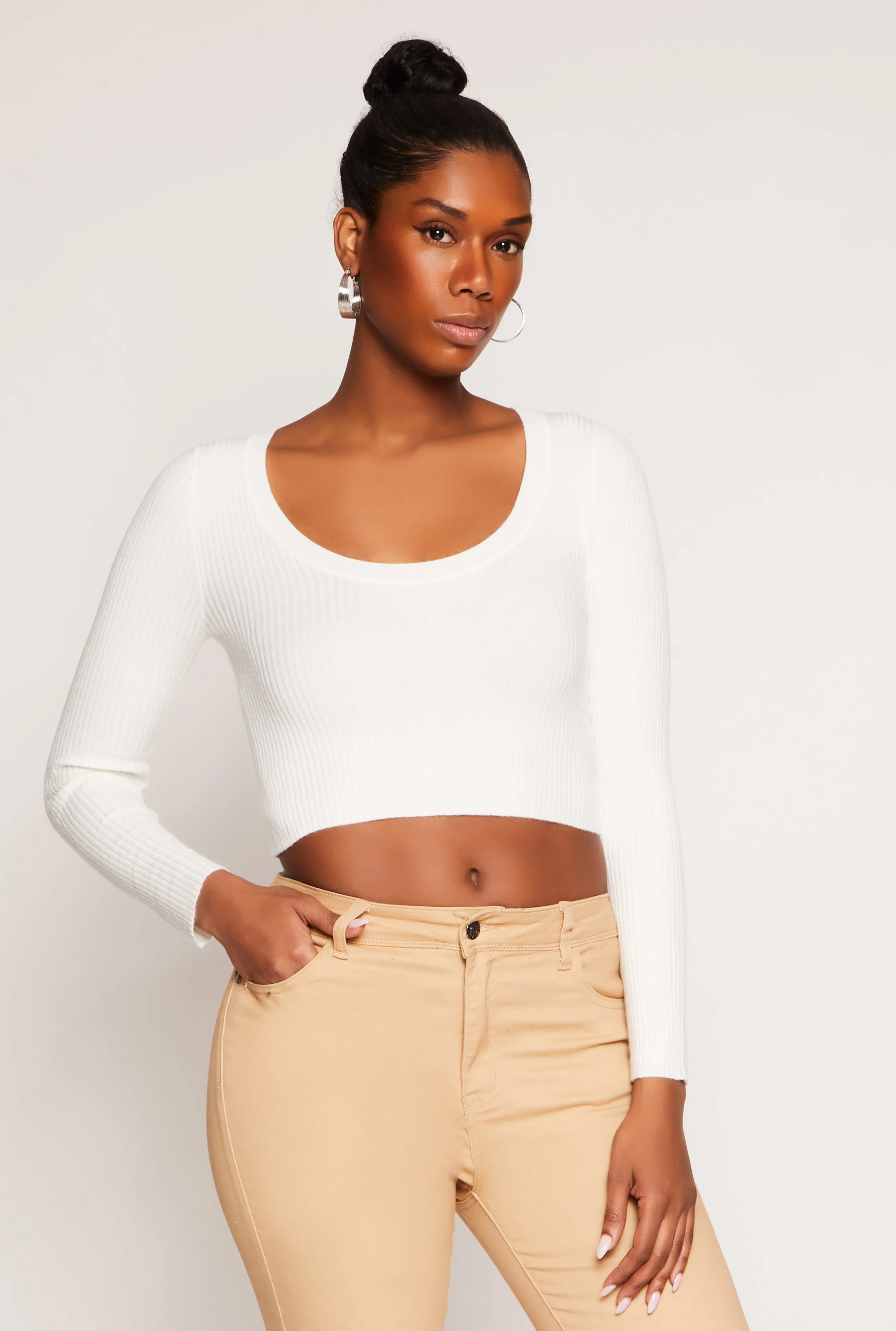 Rib Knit Scoop Neck Long Sleeve Crop Top sold by Rainbow