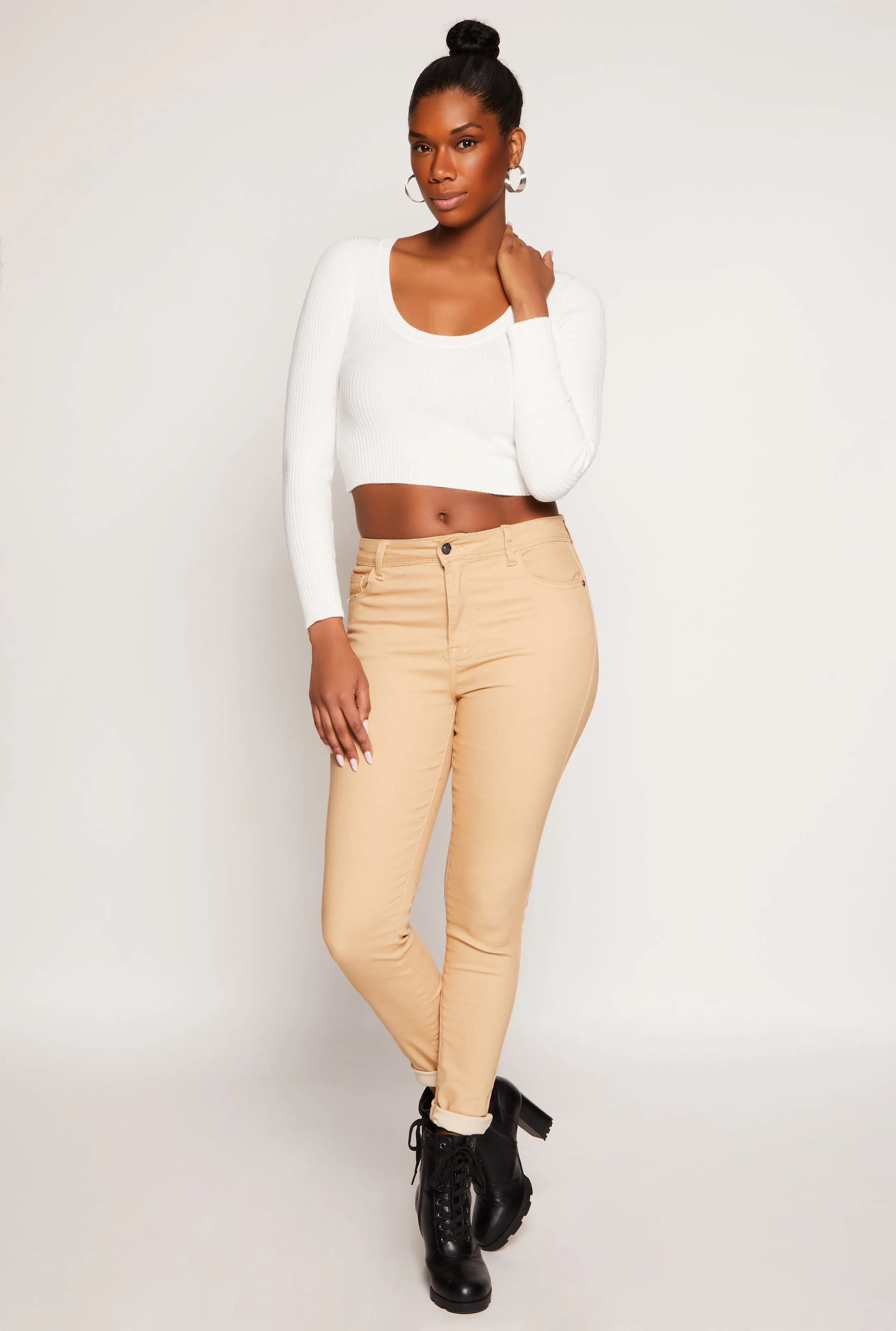 Rib Knit Scoop Neck Long Sleeve Crop Top sold by Rainbow product image thumbnail 2