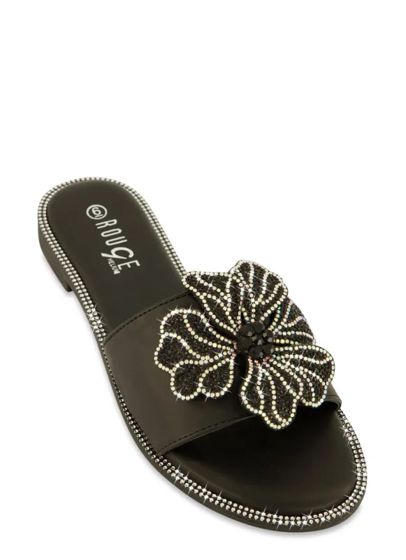 Rhinestone Trim Flower Detail Slide Sandals sold by Rainbow