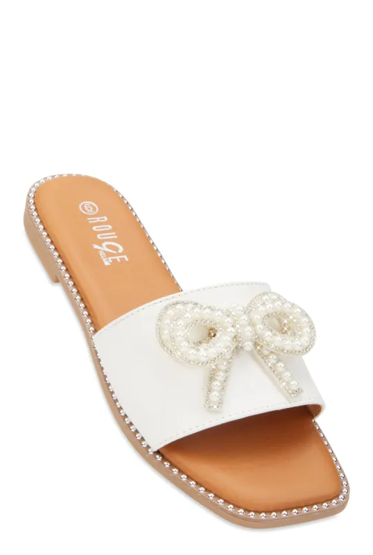 Rhinestone Faux Pearl Bow Band Slide Sandals sold by Rainbow