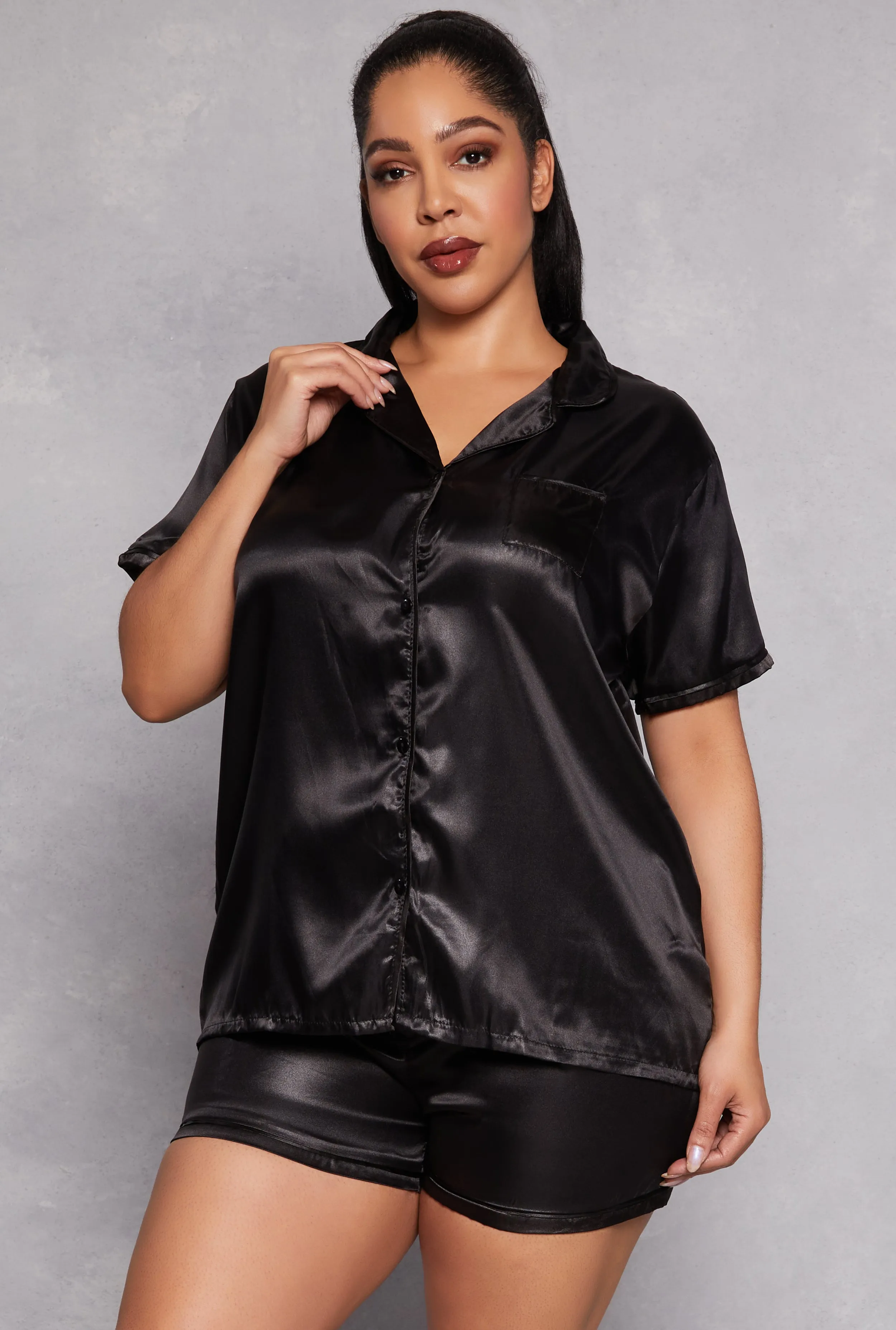 Plus Size Satin Pajama Shirt and Shorts sold by Rainbow