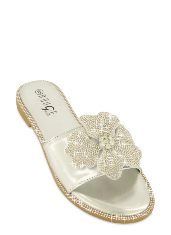 Rhinestone Trim Flower Detail Slide Sandals sold by Rainbow