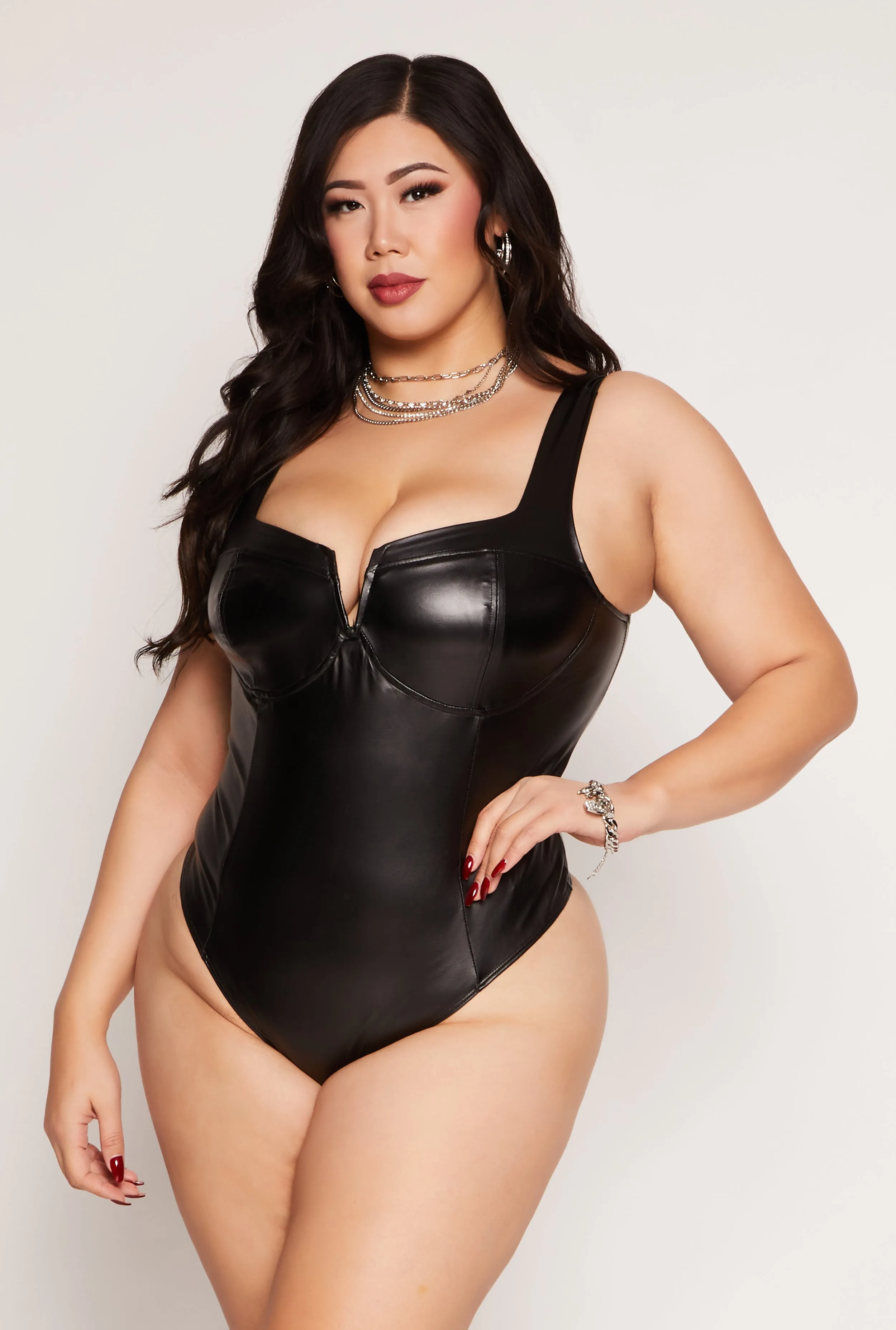 Plus Size Iris Faux Leather Notch Neck Bustier Bodysuit sold by Rainbow