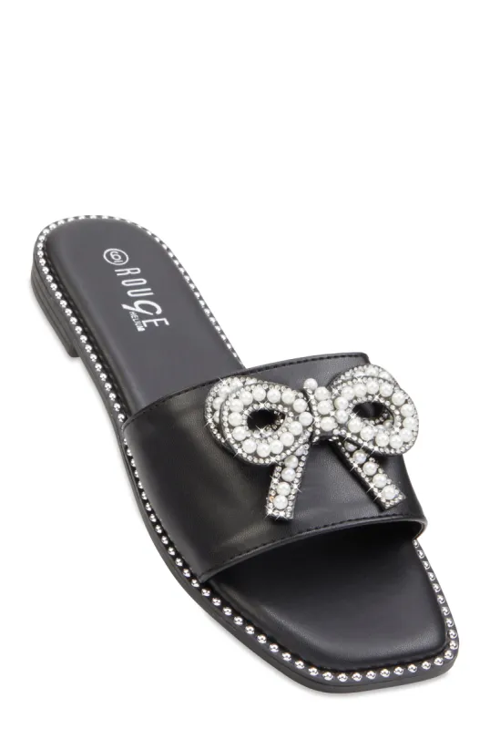 Rhinestone Faux Pearl Bow Band Slide Sandals sold by Rainbow