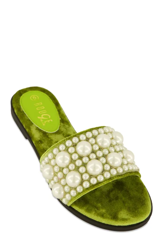 Velvet Faux Pearl Band Slide Sandals sold by Rainbow