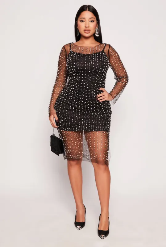 Haute Monde Faux Pearl Rhinestone Mesh Dress sold by Rainbow