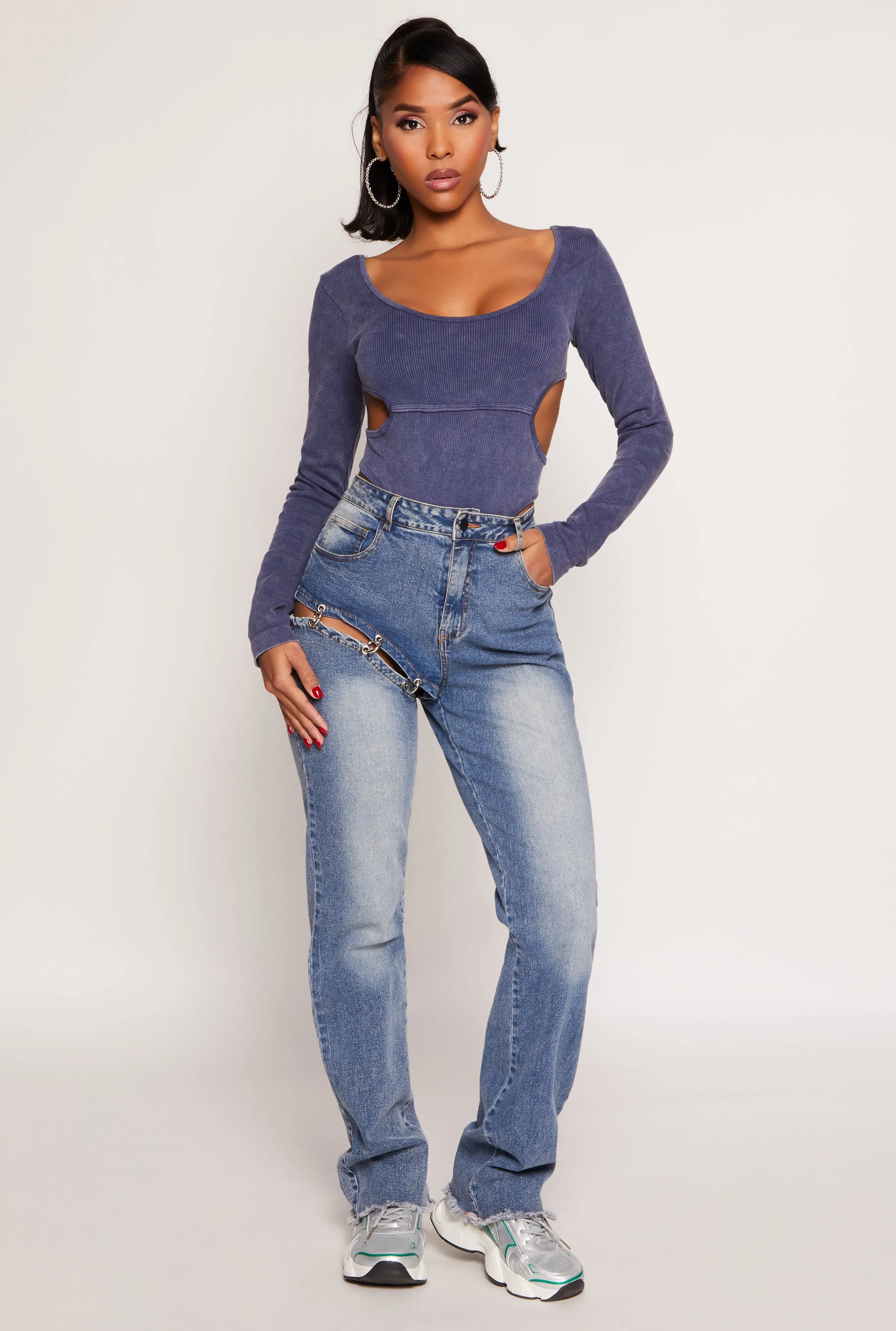 Ribbed Knit Acid Wash Cut Out Bodysuit sold by Rainbow product image thumbnail 2