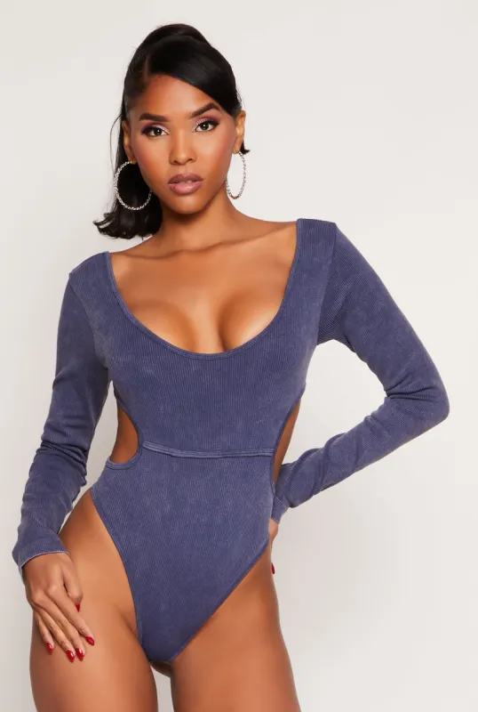 Ribbed Knit Acid Wash Cut Out Bodysuit sold by Rainbow
