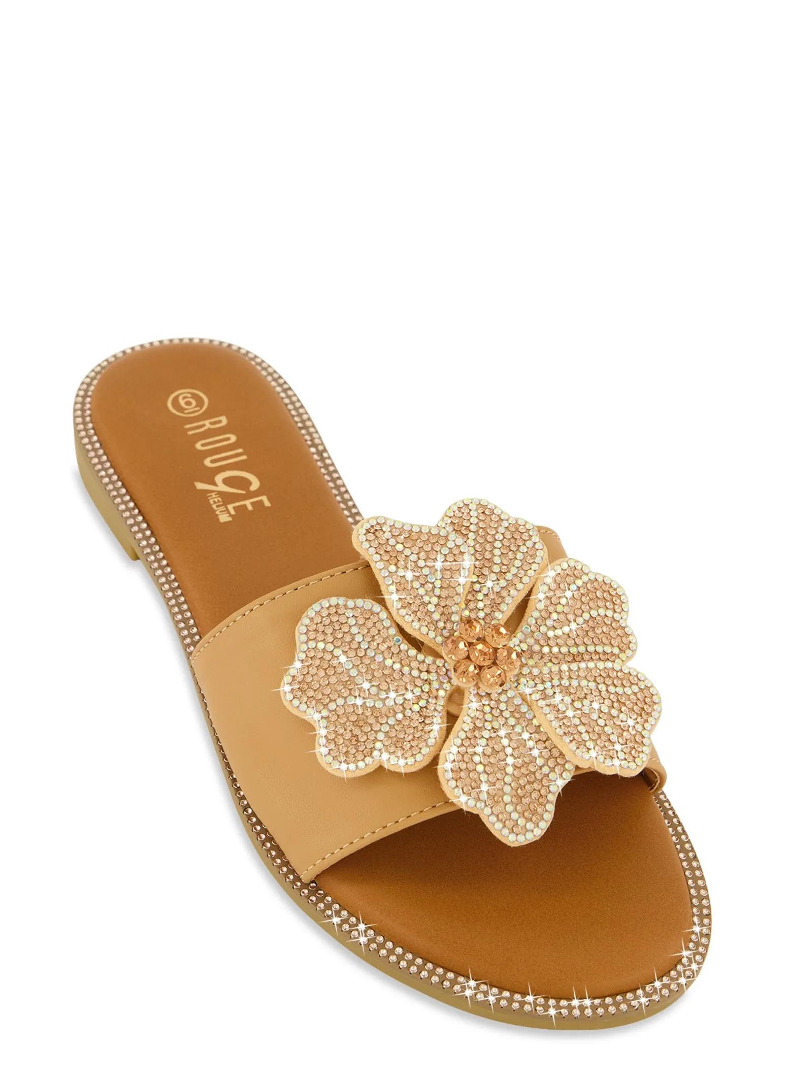 Rhinestone Trim Flower Detail Slide Sandals sold by Rainbow