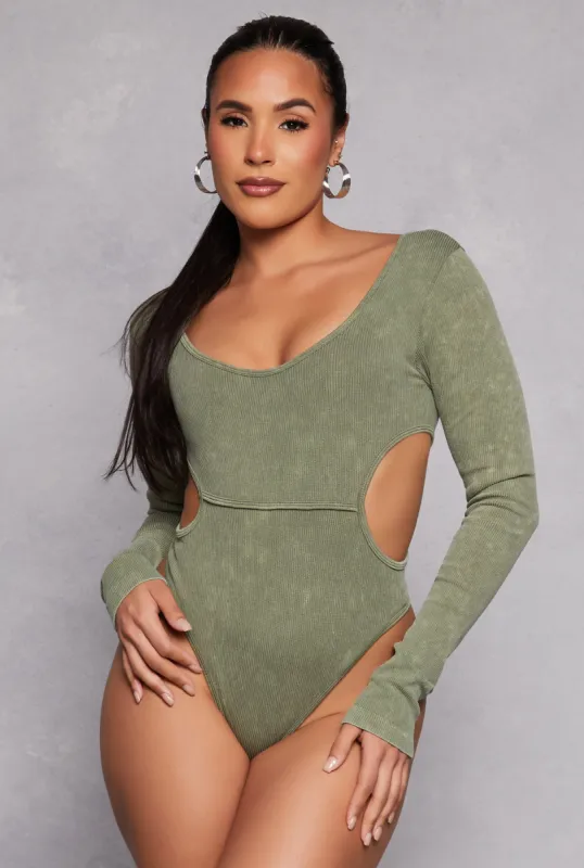 Ribbed Knit Acid Wash Cut Out Bodysuit sold by Rainbow