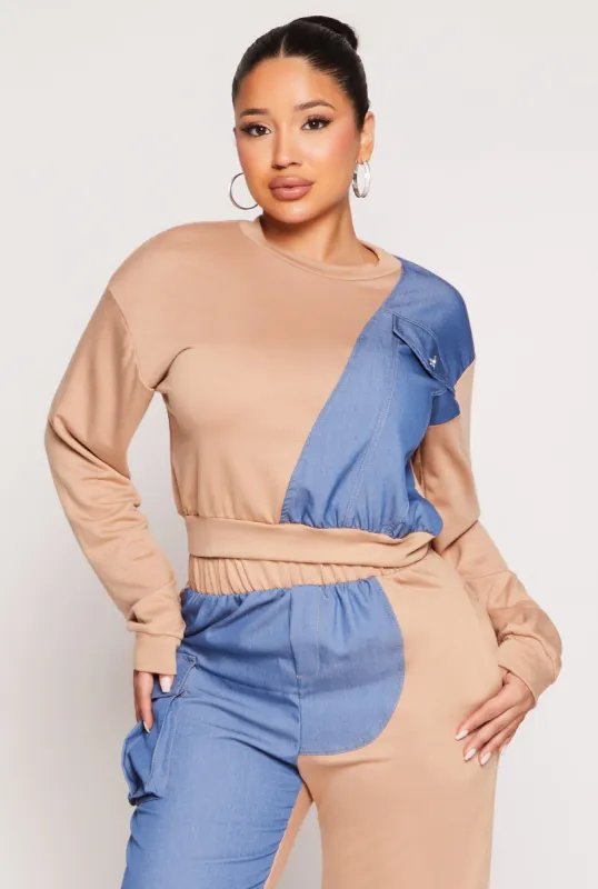Chambray Color Block Pullover Sweatshirt sold by Rainbow