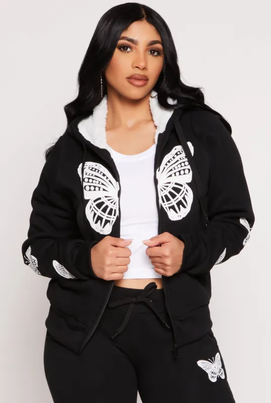 Butterfly Graphic Sherpa Lined Zip Front Hoodie sold by Rainbow