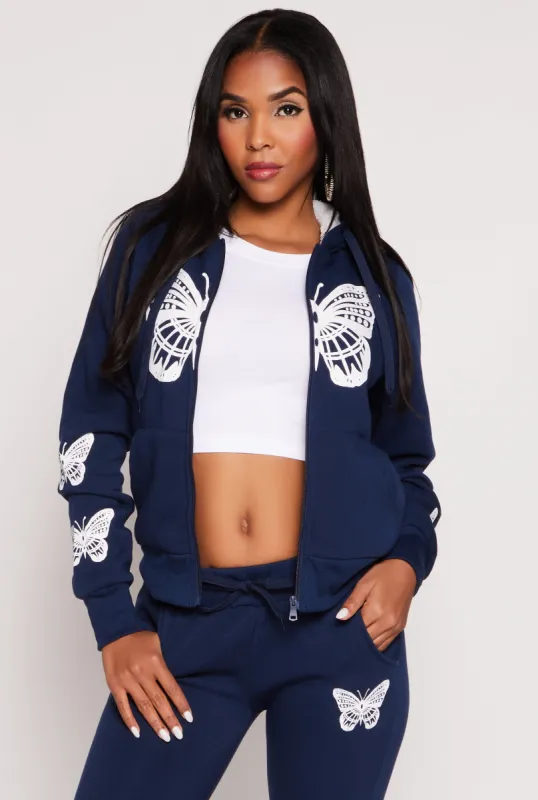 Butterfly Graphic Sherpa Lined Zip Front Hoodie sold by Rainbow