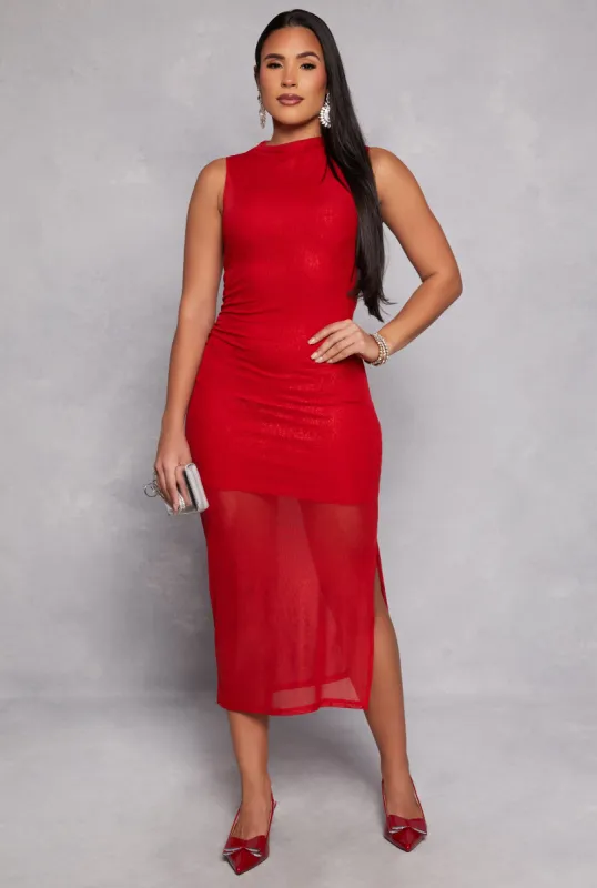 Haute Monde Foiled Mesh Side Slit Midi Dress sold by Rainbow