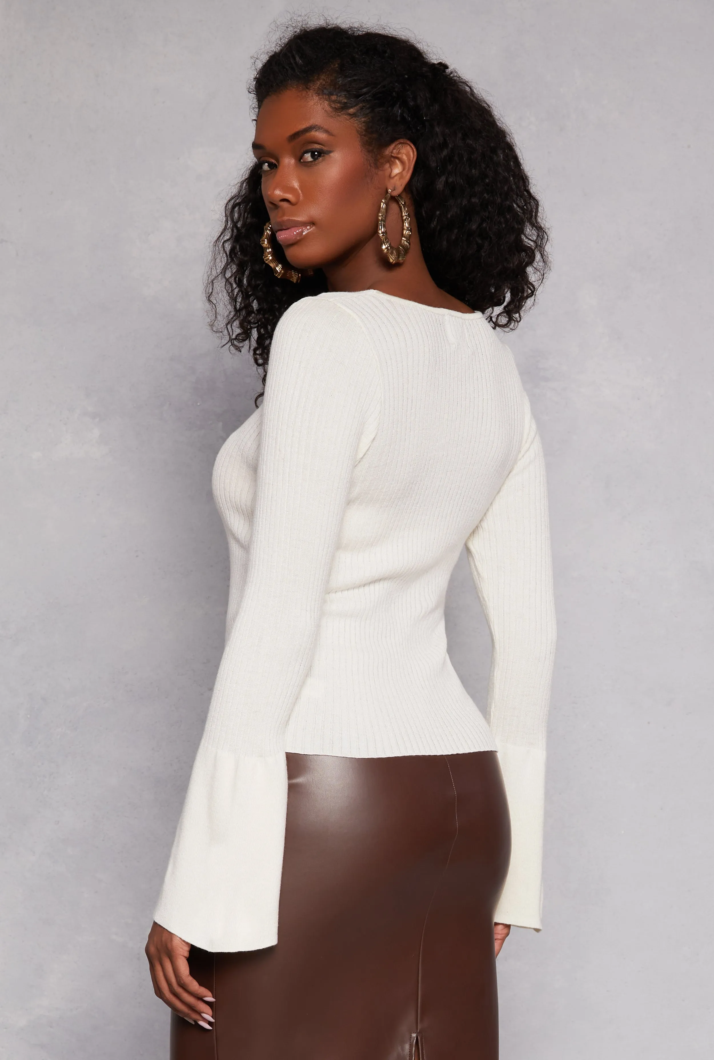 Ribbed Knit V Neck Bell Sleeve Top sold by Rainbow product image thumbnail 3