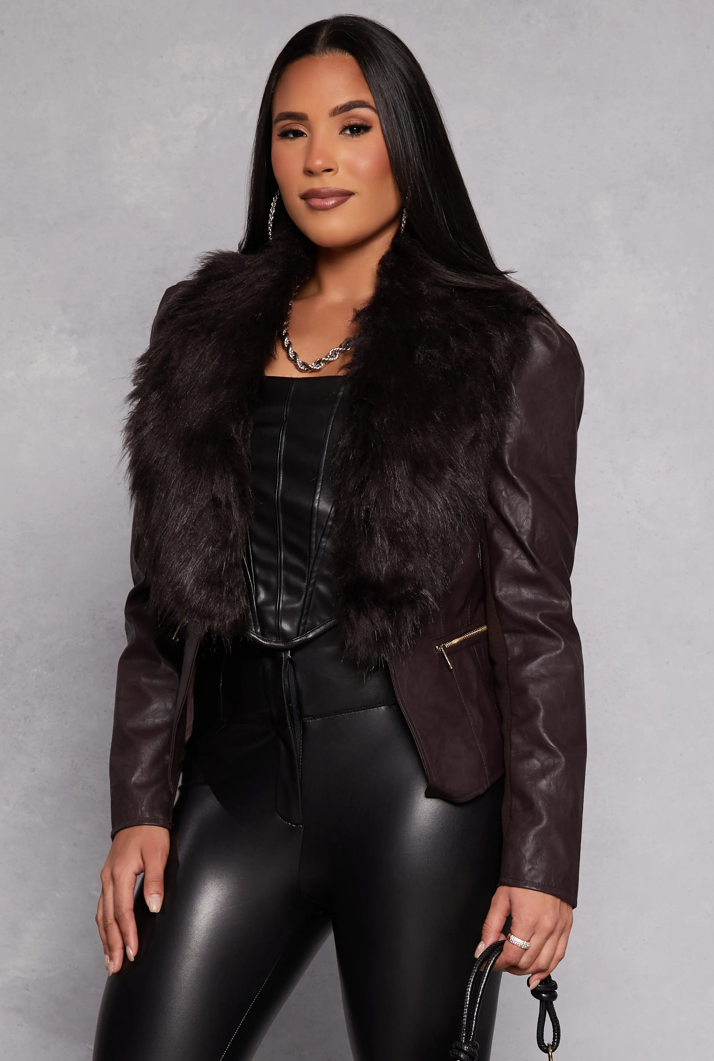 Haute Monde Faux Fur Trim Faux Leather Jacket sold by Rainbow