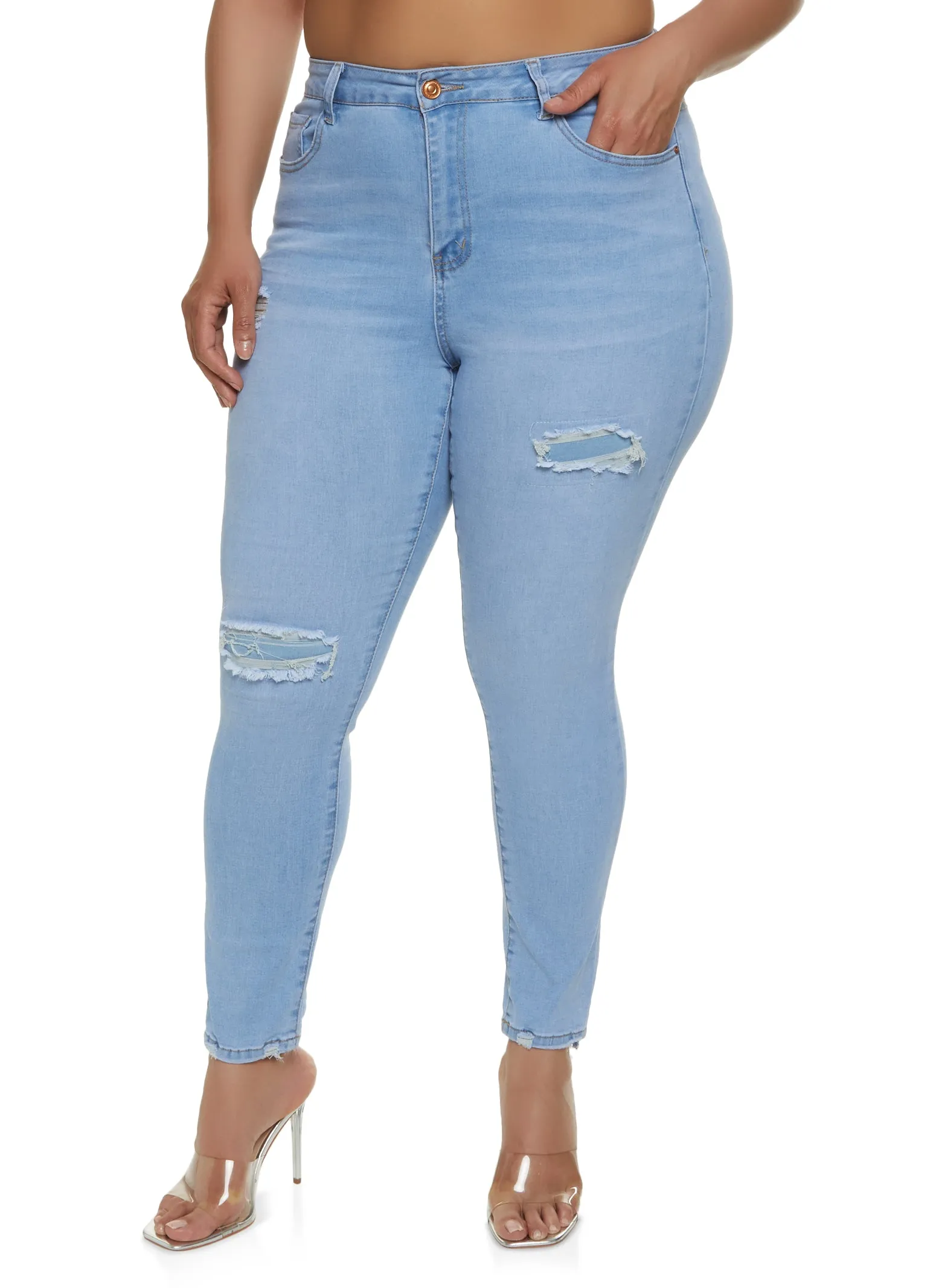 Plus Size WAX High Rise Distressed Skinny Jeans sold by Rainbow