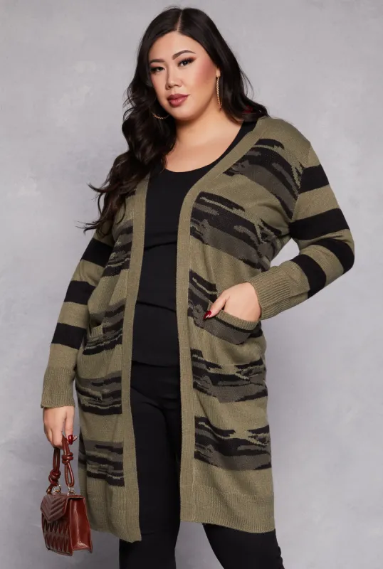 Plus Size Camo Print Open Front Long Cardigan sold by Rainbow