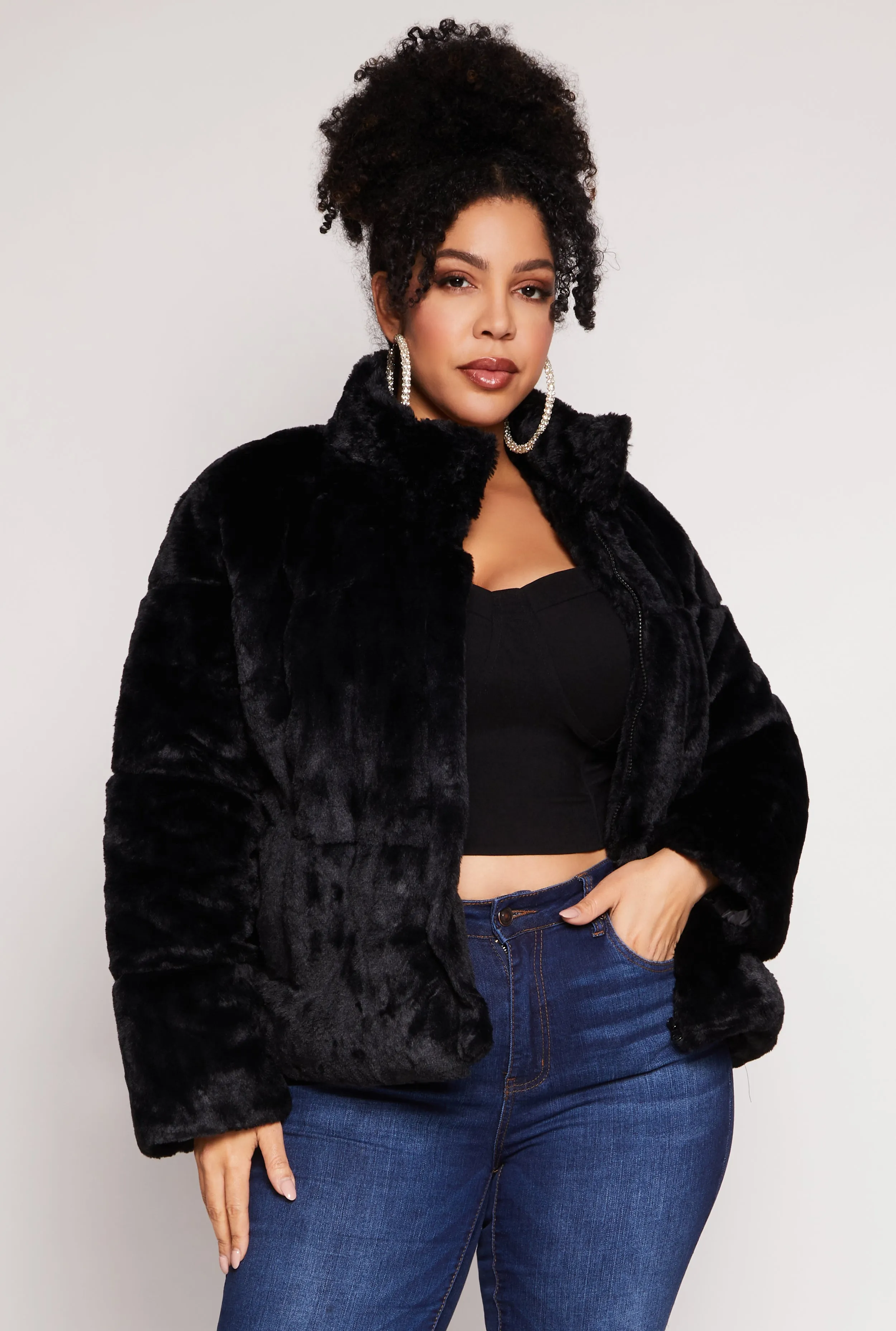 Plus Size Faux Fur Zip Front Jacket sold by Rainbow