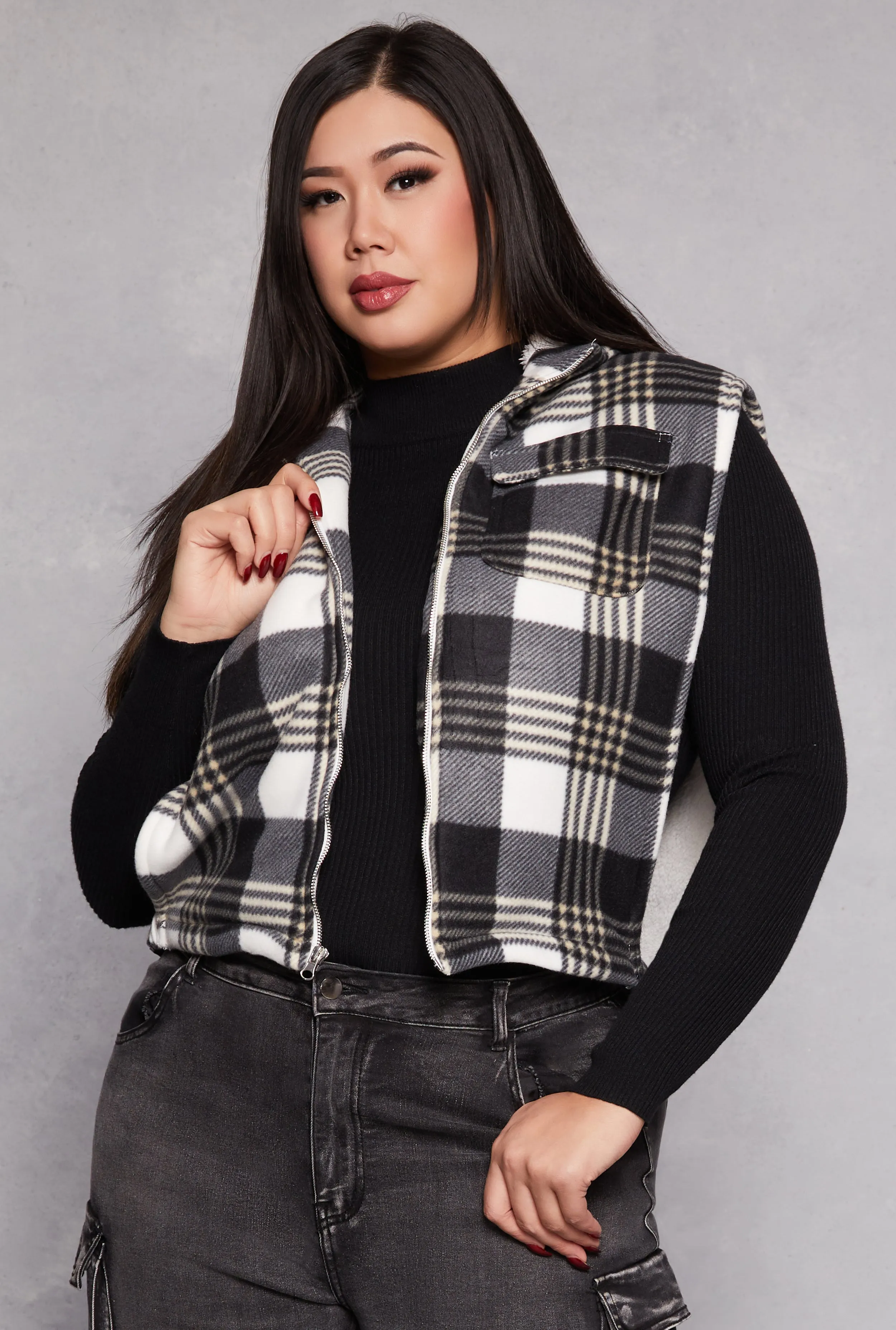 Plus Size Plaid Hooded Zip Front Vest sold by Rainbow