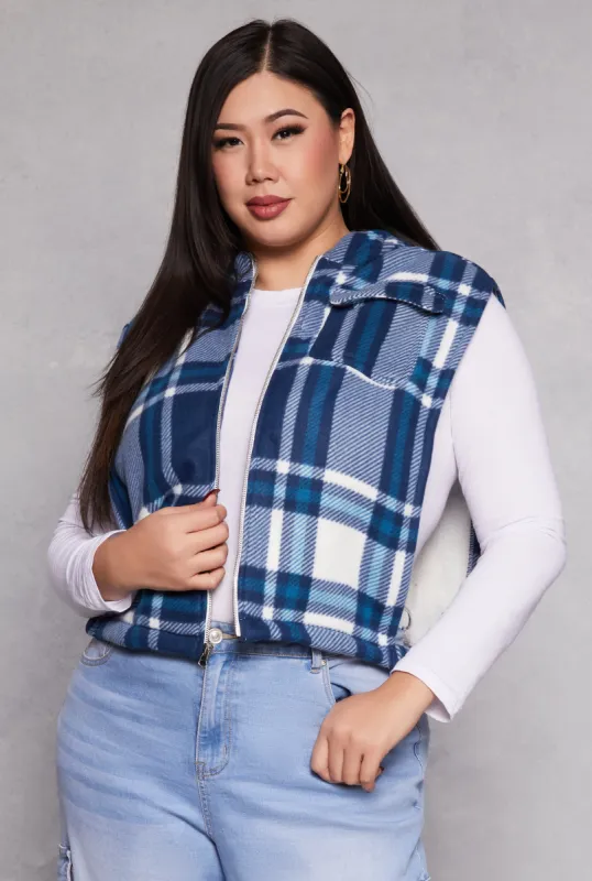 Plus Size Plaid Hooded Zip Front Vest sold by Rainbow