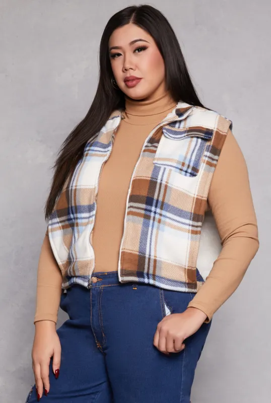 Plus Size Plaid Hooded Zip Front Vest sold by Rainbow