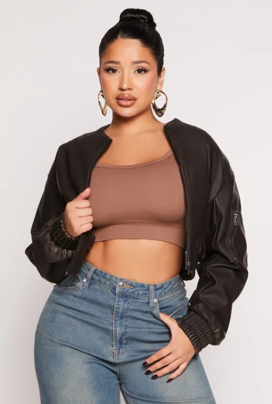 Haute Monde Faux Leather Cropped Bomber Jacket sold by Rainbow