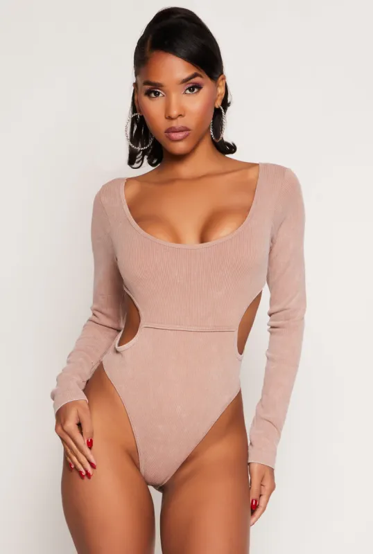 Ribbed Knit Acid Wash Cut Out Bodysuit sold by Rainbow