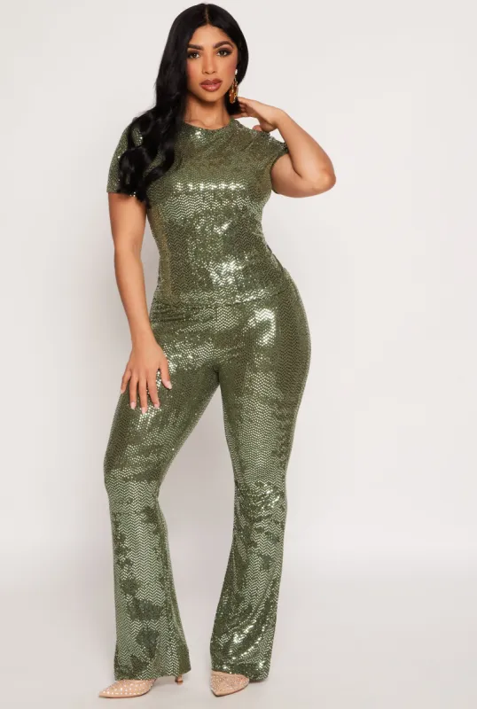 Foiled Lurex High Waisted Flared Leg Pants sold by Rainbow