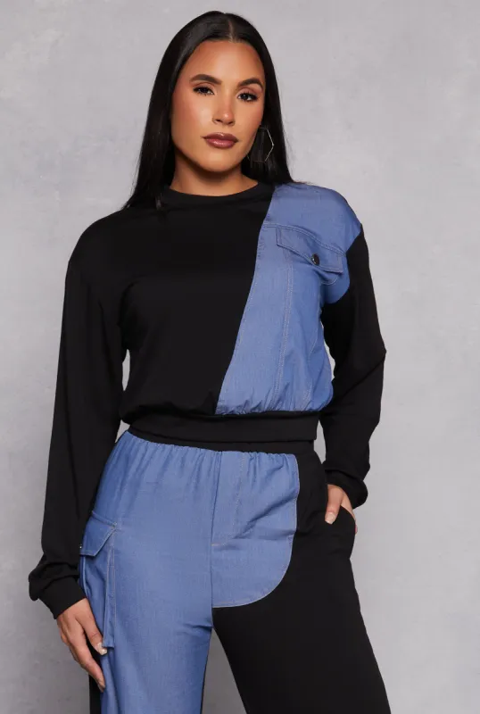 Chambray Color Block Pullover Sweatshirt sold by Rainbow