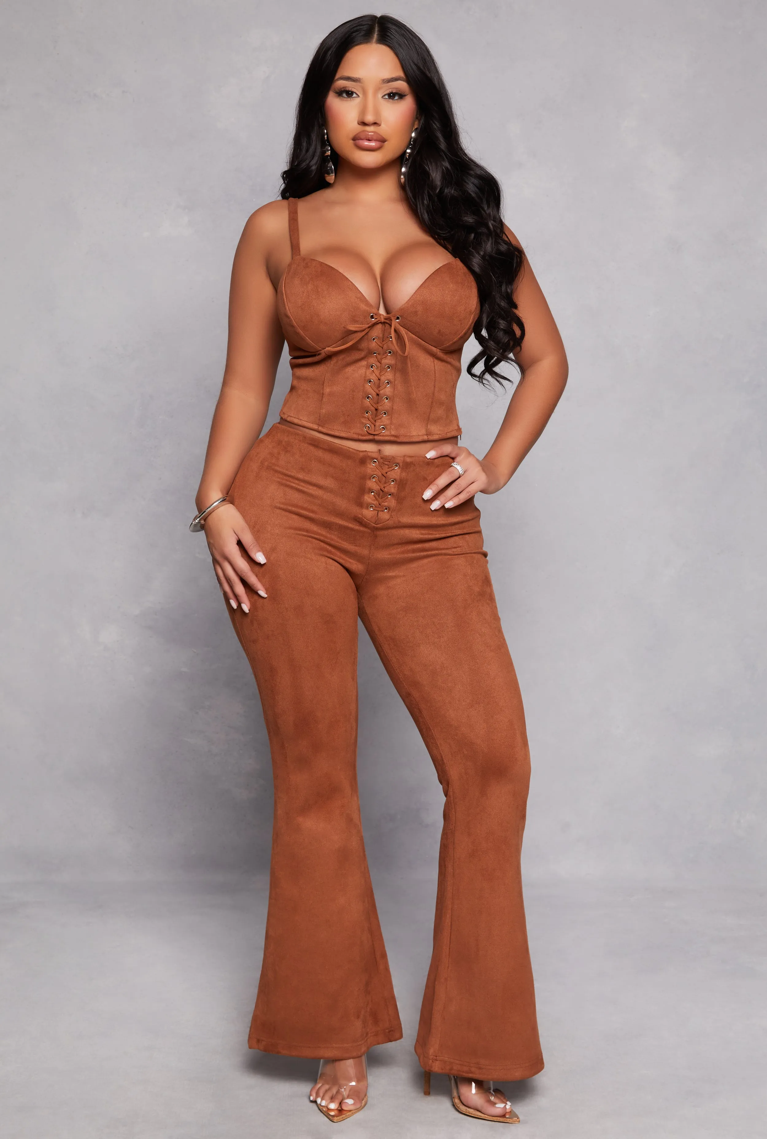 Faux Suede Lace Up Flare Pants sold by Rainbow