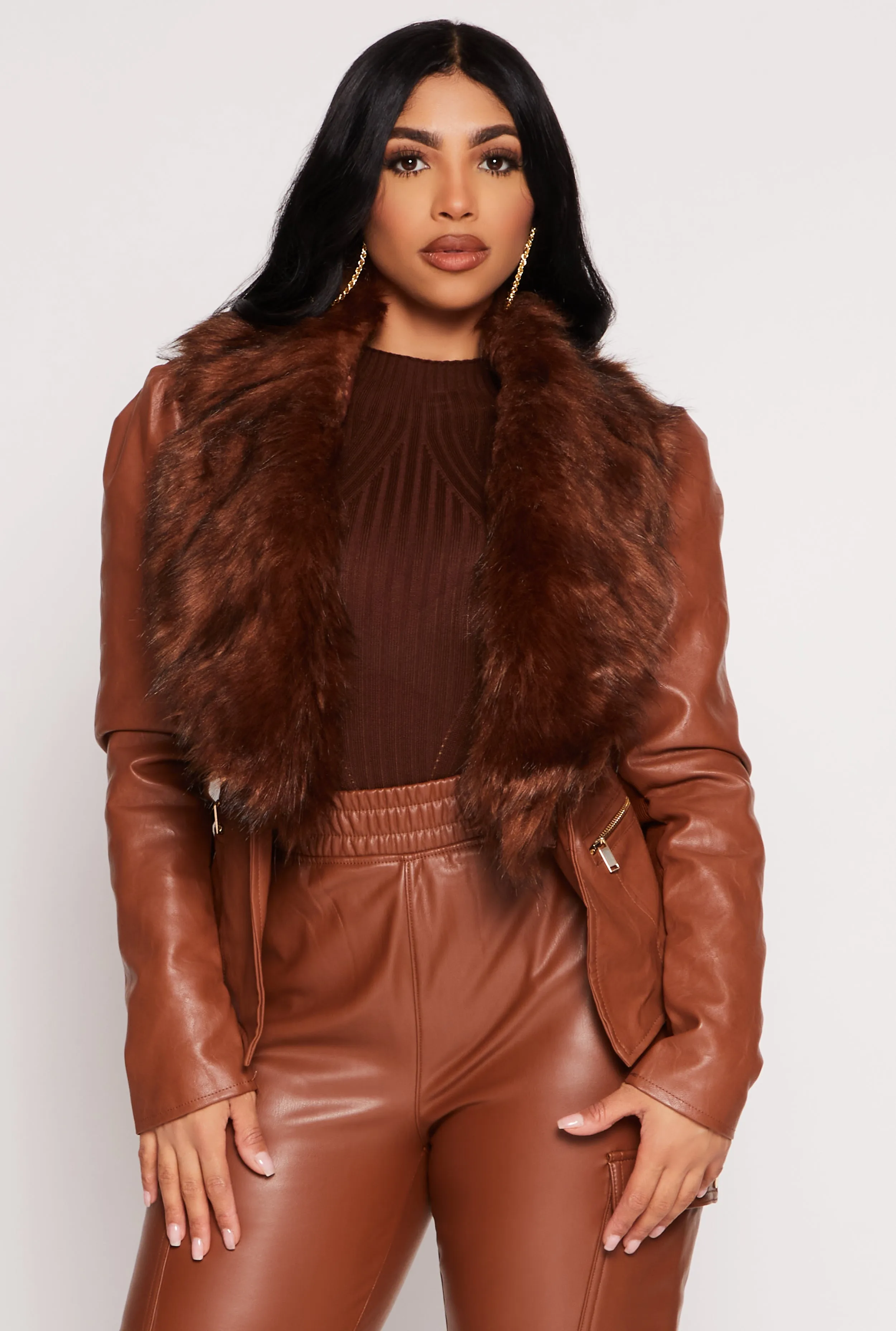 Haute Monde Faux Fur Trim Faux Leather Jacket sold by Rainbow