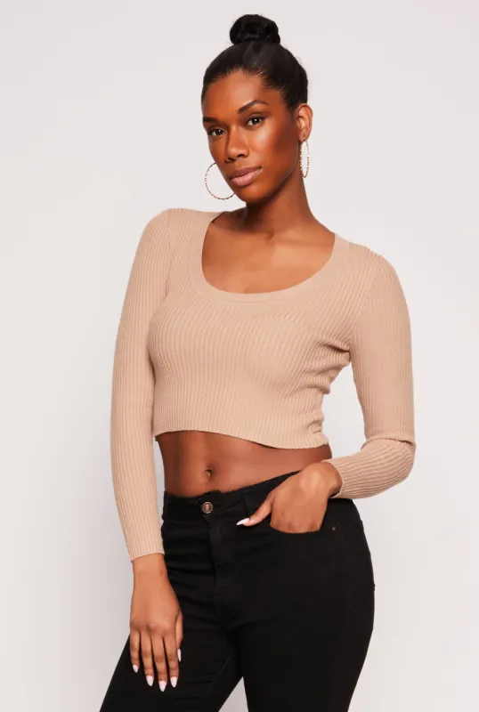 Rib Knit Scoop Neck Long Sleeve Crop Top sold by Rainbow