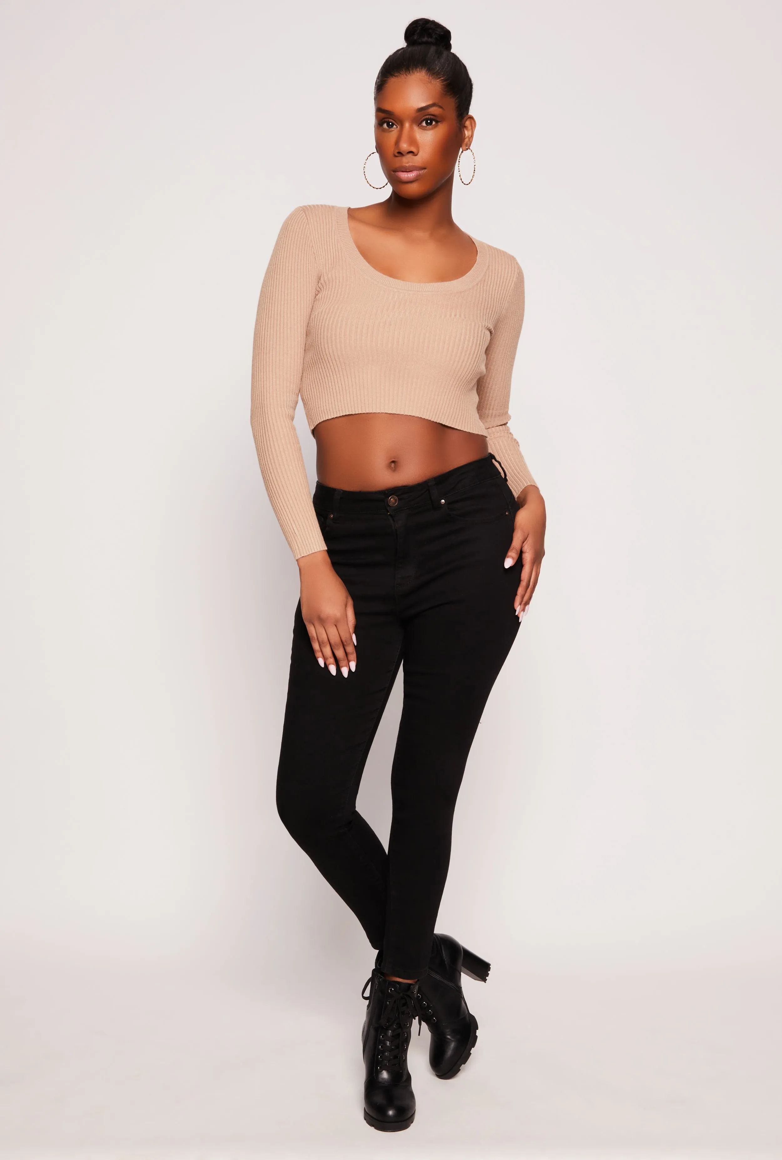 Rib Knit Scoop Neck Long Sleeve Crop Top sold by Rainbow product image thumbnail 2