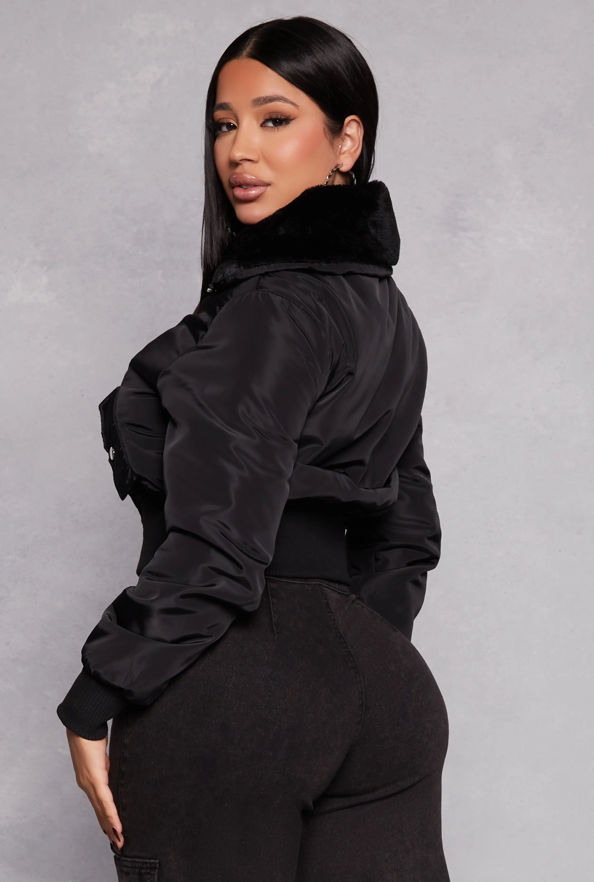 Faux Fur Collar Bomber Jacket sold by Rainbow product image thumbnail 3