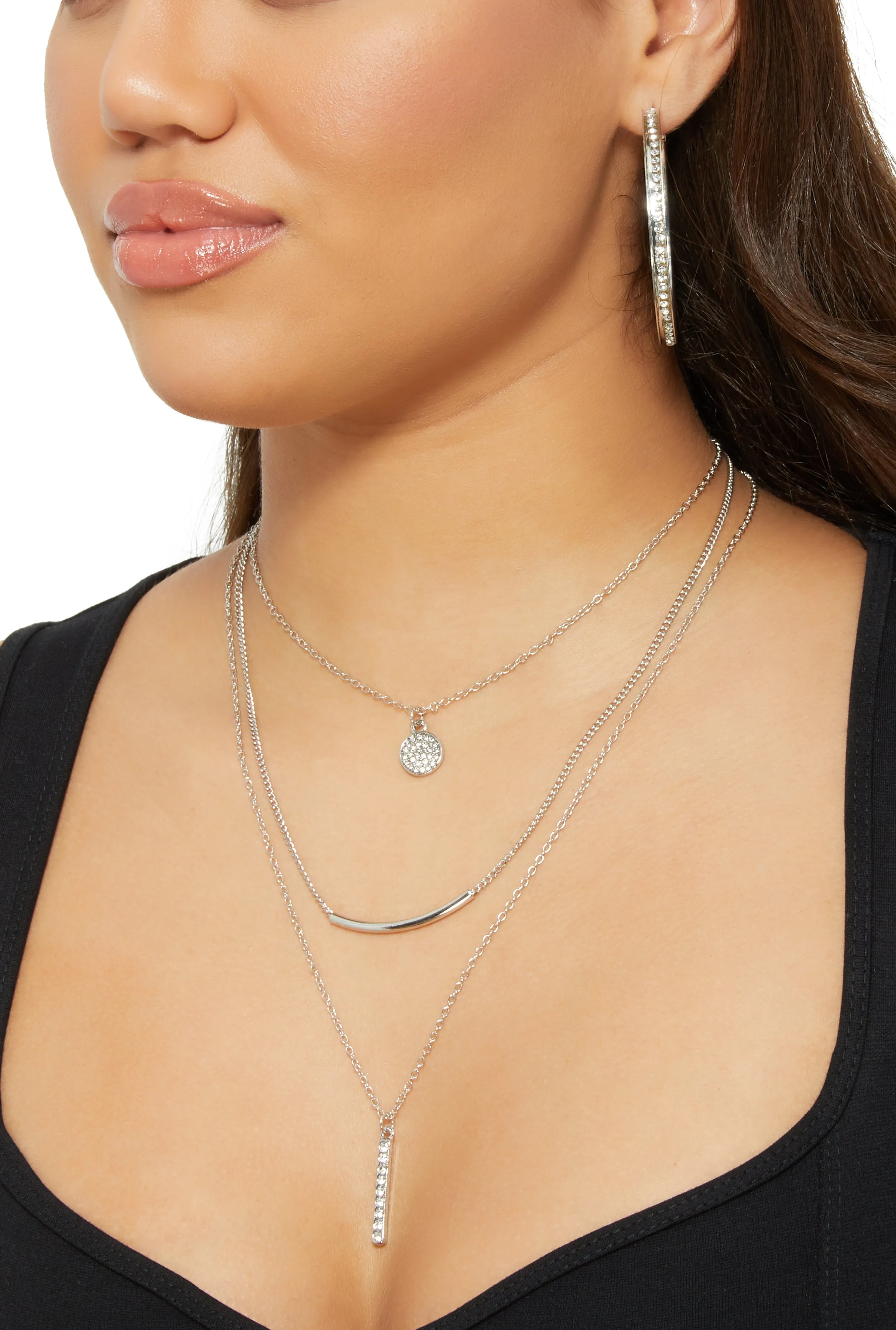 Cubic Zirconia Layered Necklace with Hoop Earring Trio sold by Rainbow product image thumbnail 2