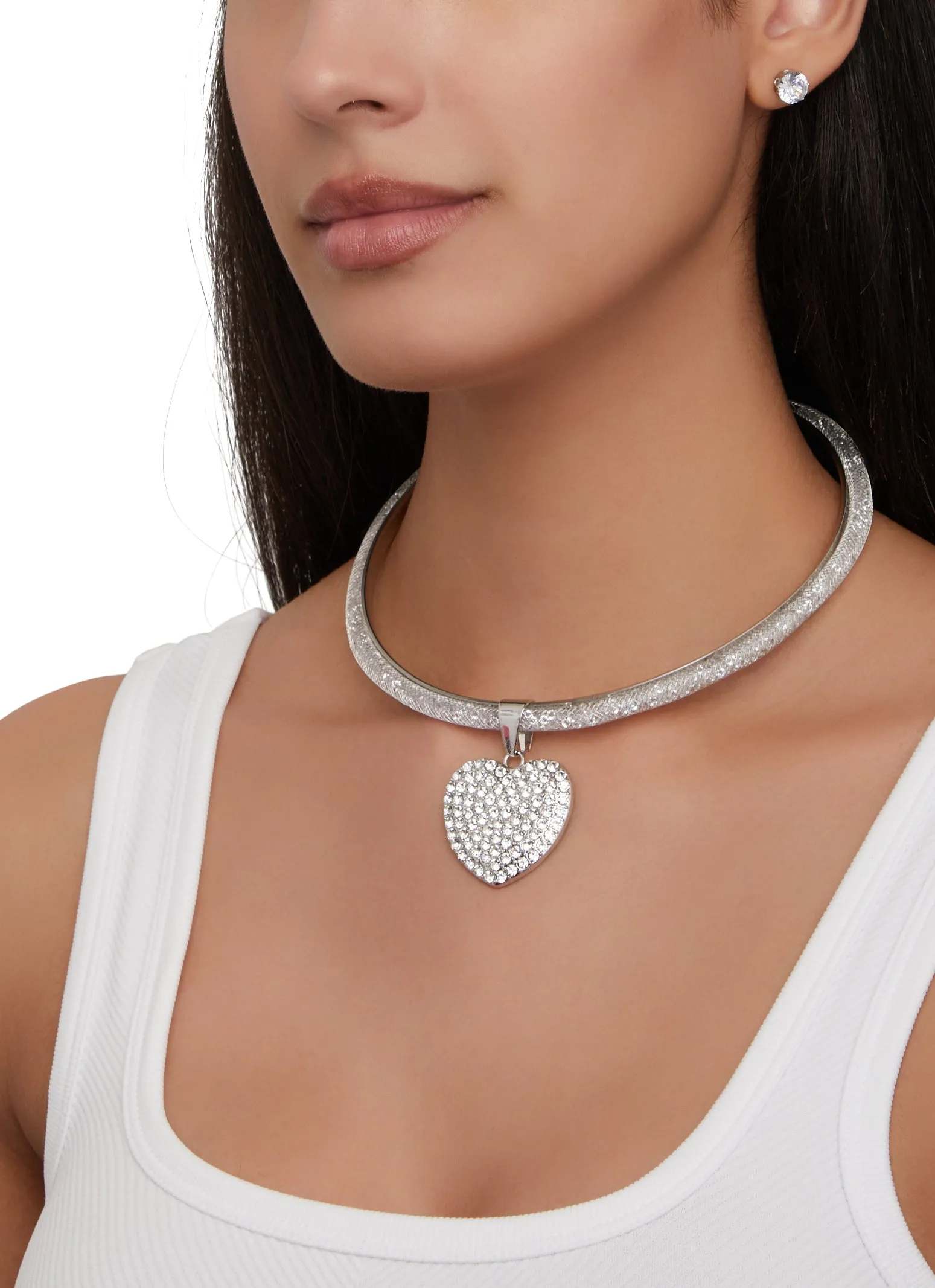 Rhinestone Heart Collar Necklace and Stud Earrings sold by Rainbow product image thumbnail 2