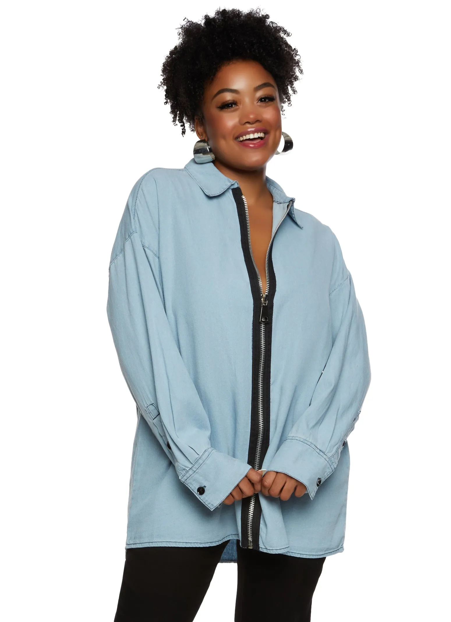 Plus Size Contrast Zip Front Denim Shirt sold by Rainbow product image thumbnail 2