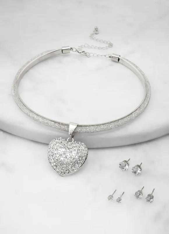 Rhinestone Heart Collar Necklace and Stud Earrings sold by Rainbow