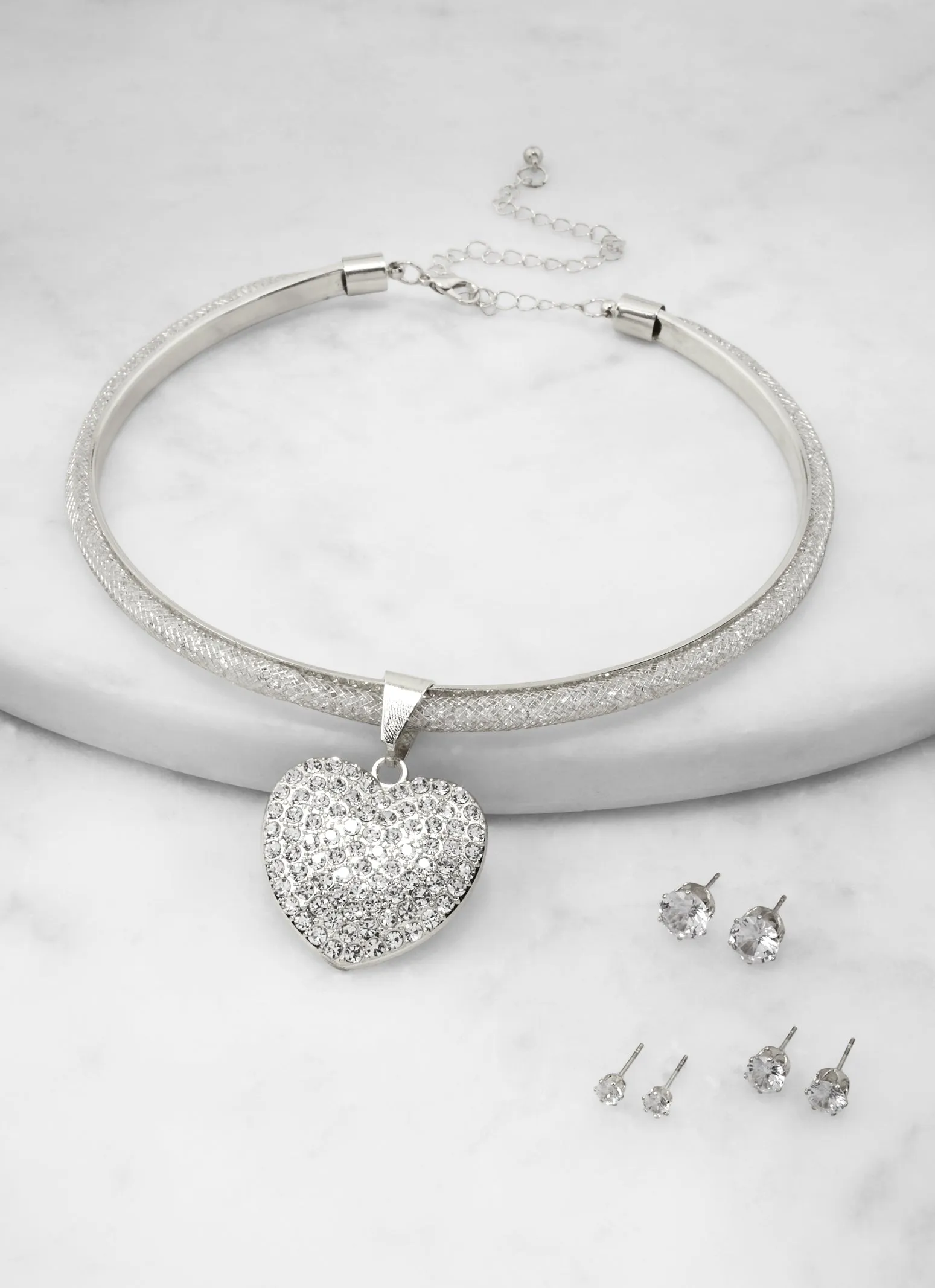 Rhinestone Heart Collar Necklace and Stud Earrings sold by Rainbow