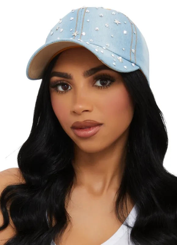 Rhinestone Star Studded Denim Baseball Cap sold by Rainbow