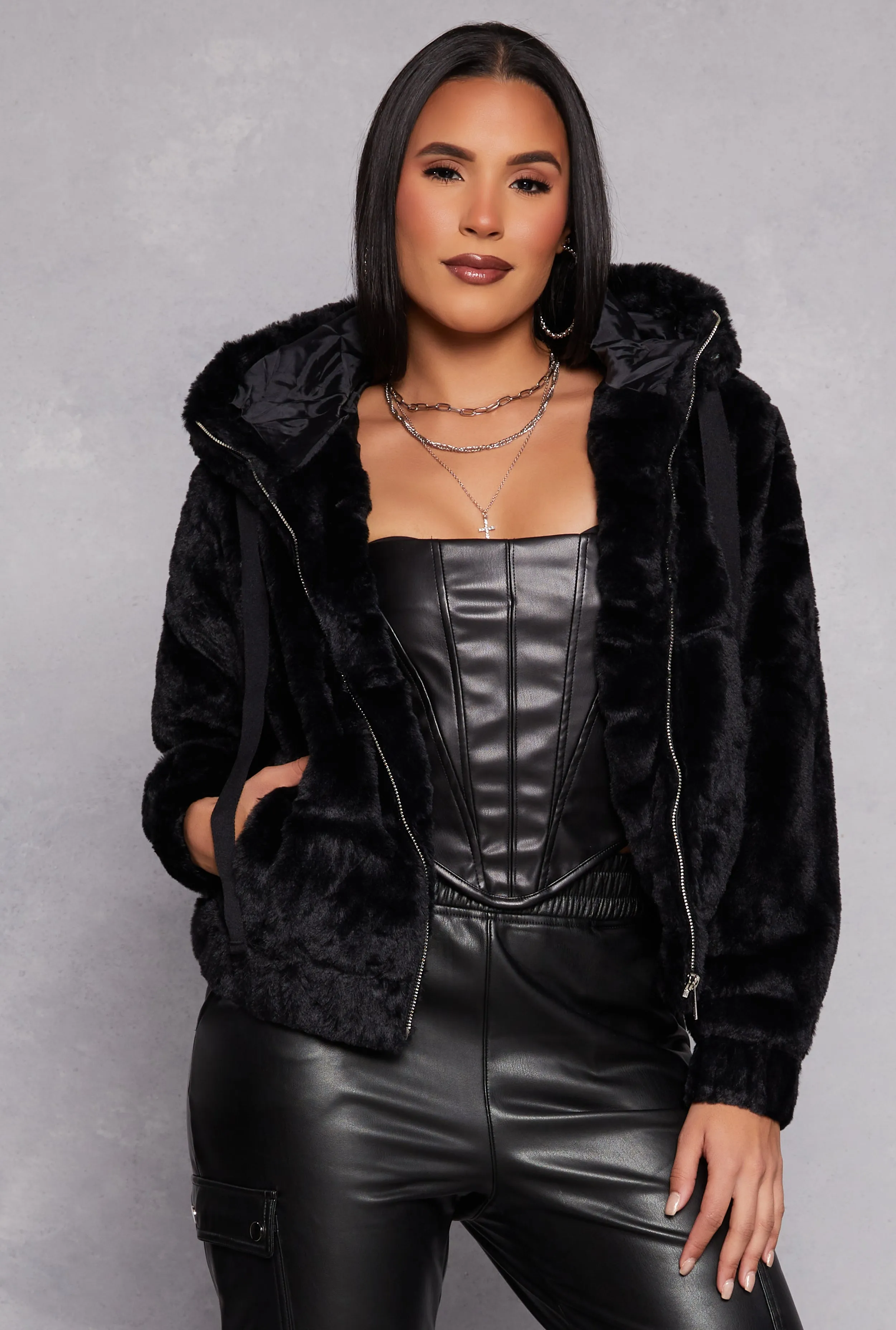 Faux Fur Zip Front Hooded Jacket sold by Rainbow