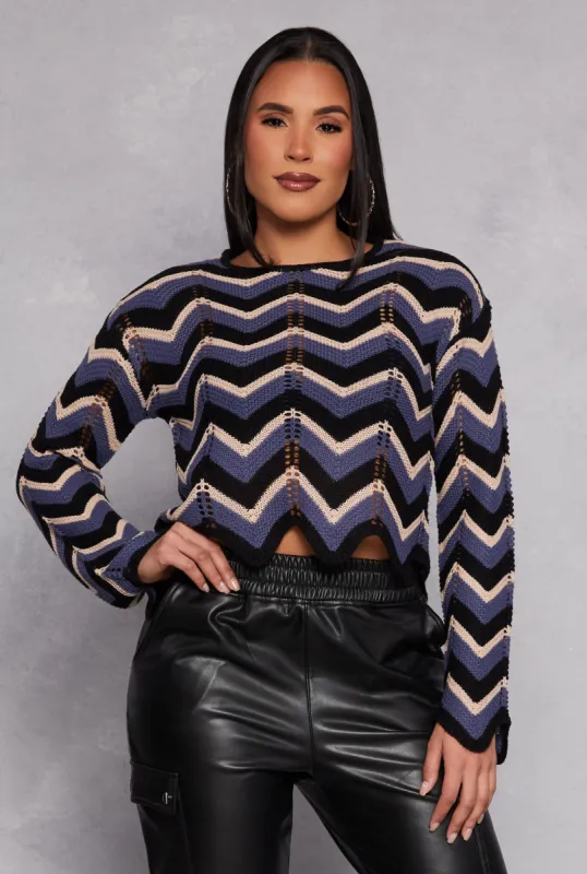 Chevron Pointelle Long Sleeve Crop Top sold by Rainbow