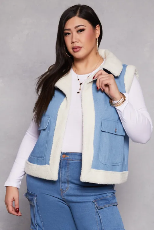 Plus Size Spoon Jeans Sherpa Lined Denim Vest sold by Rainbow